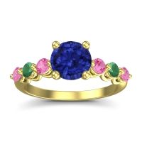 Lab Blue Sapphire Ring In 14k Yellow Gold With Pink Tourmaline And Emerald Kirita Round Classic Ring