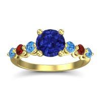 Lab Blue Sapphire Ring In 18k Yellow Gold With Swiss Blue Topaz And Garnet Kirita Round Classic Ring