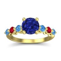 Lab Blue Sapphire Ring In 14k Yellow Gold With Swiss Blue Topaz And Ruby Kirita Round Classic Ring