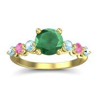 Emerald Ring In 14k Yellow Gold With Aquamarine And Pink Tourmaline Kirita Round Classic Ring
