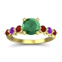 Lab Emerald Ring In 18k Yellow Gold With Garnet And Amethyst Kirita Round Classic Ring