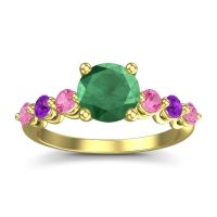 Emerald Ring In 18k Yellow Gold With Pink Tourmaline And Amethyst Kirita Round Classic Ring