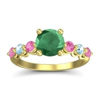 Emerald Ring In 14k Yellow Gold With Pink Tourmaline And Aquamarine Kirita Round Classic Ring