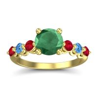 Emerald Ring In 18k Yellow Gold With Ruby And Swiss Blue Topaz Kirita Round Classic Ring