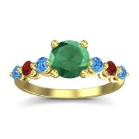 Emerald Ring In 14k Yellow Gold With Swiss Blue Topaz And Garnet Kirita Round Classic Ring