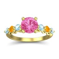 Pink Tourmaline Ring In 14k Yellow Gold With Aquamarine And Citrine Kirita Round Classic Ring