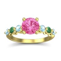 Pink Tourmaline Ring In 14k Yellow Gold With Aquamarine And Emerald Kirita Round Classic Ring