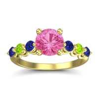Pink Tourmaline Ring In 14k Yellow Gold With Blue Sapphire And Peridot Kirita Round Classic Ring