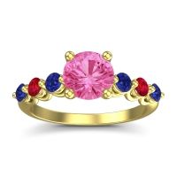 Pink Tourmaline Ring In 18k Yellow Gold With Blue Sapphire And Ruby Kirita Round Classic Ring