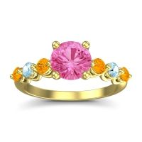 Pink Tourmaline Ring In 14k Yellow Gold With Citrine And Aquamarine Kirita Round Classic Ring