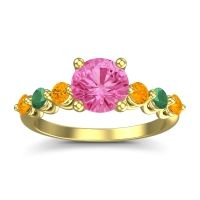 Pink Tourmaline Ring In 14k Yellow Gold With Citrine And Emerald Kirita Round Classic Ring