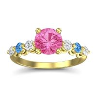 Pink Tourmaline Ring In 14k Yellow Gold With Lab Diamond And Swiss Blue Topaz Kirita Round Classic Ring