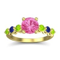 Pink Tourmaline Ring In 14k Yellow Gold With Peridot And Blue Sapphire Kirita Round Classic Ring
