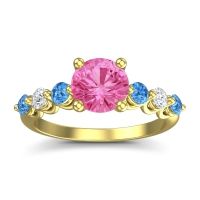 Pink Tourmaline Ring In 14k Yellow Gold With Swiss Blue Topaz And Lab Diamond Kirita Round Classic Ring