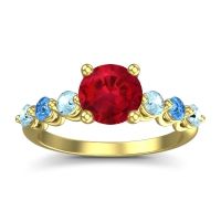 Ruby Ring In 14k Yellow Gold With Aquamarine And Swiss Blue Topaz Kirita Round Classic Ring