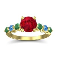 Ruby Ring In 18k Yellow Gold With Emerald And Swiss Blue Topaz Kirita Round Classic Ring