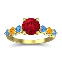 Ruby Ring In 18k Yellow Gold With Swiss Blue Topaz And Citrine Kirita Round Classic Ring
