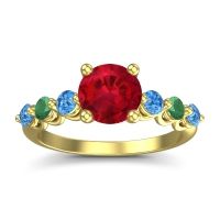 Lab Ruby Ring In 14k Yellow Gold With Swiss Blue Topaz And Emerald Kirita Round Classic Ring
