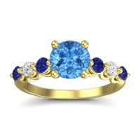 Swiss Blue Topaz Engagement Ring In 18k Yellow Gold With Blue Sapphire And Diamond - Kirita Round Classic Ring