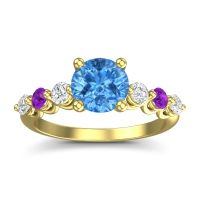 Swiss Blue Topaz Ring In 18k Yellow Gold With Diamond And Amethyst Kirita Round Classic Ring