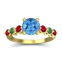 Swiss Blue Topaz Ring In 18k Yellow Gold With Ruby And Emerald Kirita Round Classic Ring