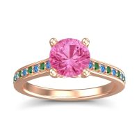 Pink Tourmaline Ring In 14K Rose Gold With Swiss Blue Topaz And Emerald Vakra Round Classic Ring