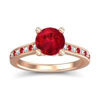 Lab Ruby Ring In 14K Rose Gold With Aquamarine And Ruby Vakra Round Classic Ring