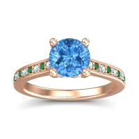 Swiss Blue Topaz Ring In 18K Rose Gold With Aquamarine And Emerald Vakra Round Classic Ring