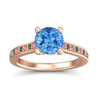 Swiss Blue Topaz Ring In 18K Rose Gold With Pink Tourmaline And Emerald Vakra Round Classic Ring