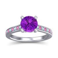 Amethyst Ring In 14k White Gold With Aquamarine And Pink Tourmaline Vakra Round Classic Ring