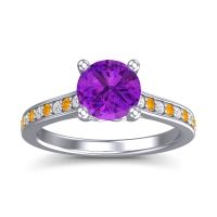 Amethyst Ring In 14k White Gold With Lab Diamond And Citrine Vakra Round Classic Ring