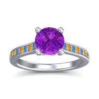 Amethyst Ring In 18k White Gold With Swiss Blue Topaz And Citrine Vakra Round Classic Ring