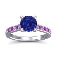 Blue Sapphire Ring In 18k White Gold With Pink Tourmaline And Amethyst Vakra Round Classic Ring
