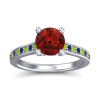 Garnet Ring In 18k White Gold With Peridot And Blue Sapphire Vakra Round Classic Ring