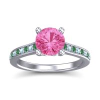 Pink Tourmaline Ring In Platinum With Emerald And Aquamarine Vakra Round Classic Ring
