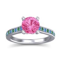 Pink Tourmaline Ring In Palladium With Swiss Blue Topaz And Emerald Vakra Round Classic Ring