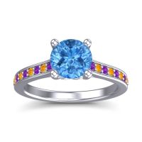 Swiss Blue Topaz Ring In 18k White Gold With Amethyst And Citrine Vakra Round Classic Ring