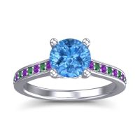 Swiss Blue Topaz Ring In 18k White Gold With Amethyst And Emerald Vakra Round Classic Ring