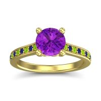 Amethyst Ring In 18k Yellow Gold With Peridot And Blue Sapphire Vakra Round Classic Ring