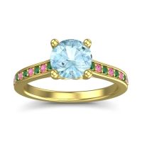 Aquamarine Ring In 14k Yellow Gold With Emerald And Pink Tourmaline Vakra Round Classic Ring