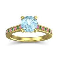 Aquamarine Ring In 14k Yellow Gold With Pink Tourmaline And Emerald Vakra Round Classic Ring