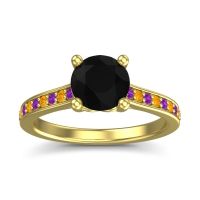 Black Onyx Ring In 18k Yellow Gold With Amethyst And Citrine Vakra Round Classic Ring