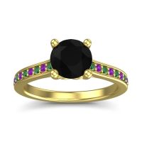 Black Onyx Ring In 18k Yellow Gold With Emerald And Amethyst Vakra Round Classic Ring