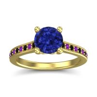 Lab Blue Sapphire Ring In 14k Yellow Gold With Black Onyx And Amethyst Vakra Round Classic Ring