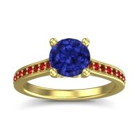 Lab Blue Sapphire Ring In 14k Yellow Gold With Garnet And Ruby Vakra Round Classic Ring