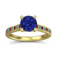Lab Blue Sapphire Ring In 14k Yellow Gold With Garnet And Swiss Blue Topaz Vakra Round Classic Ring
