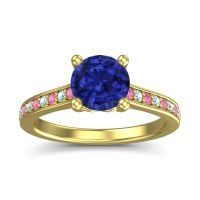 Lab Blue Sapphire Ring In 18k Yellow Gold With Pink Tourmaline And Aquamarine Vakra Round Classic Ring