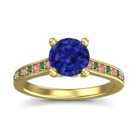 Lab Blue Sapphire Ring In 14k Yellow Gold With Pink Tourmaline And Emerald Vakra Round Classic Ring