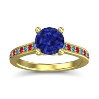 Lab Blue Sapphire Ring In 14k Yellow Gold With Swiss Blue Topaz And Ruby Vakra Round Classic Ring
