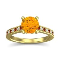 Citrine Engagement Ring In 18k Yellow Gold With Garnet And Diamond - Vakra Round Classic Ring